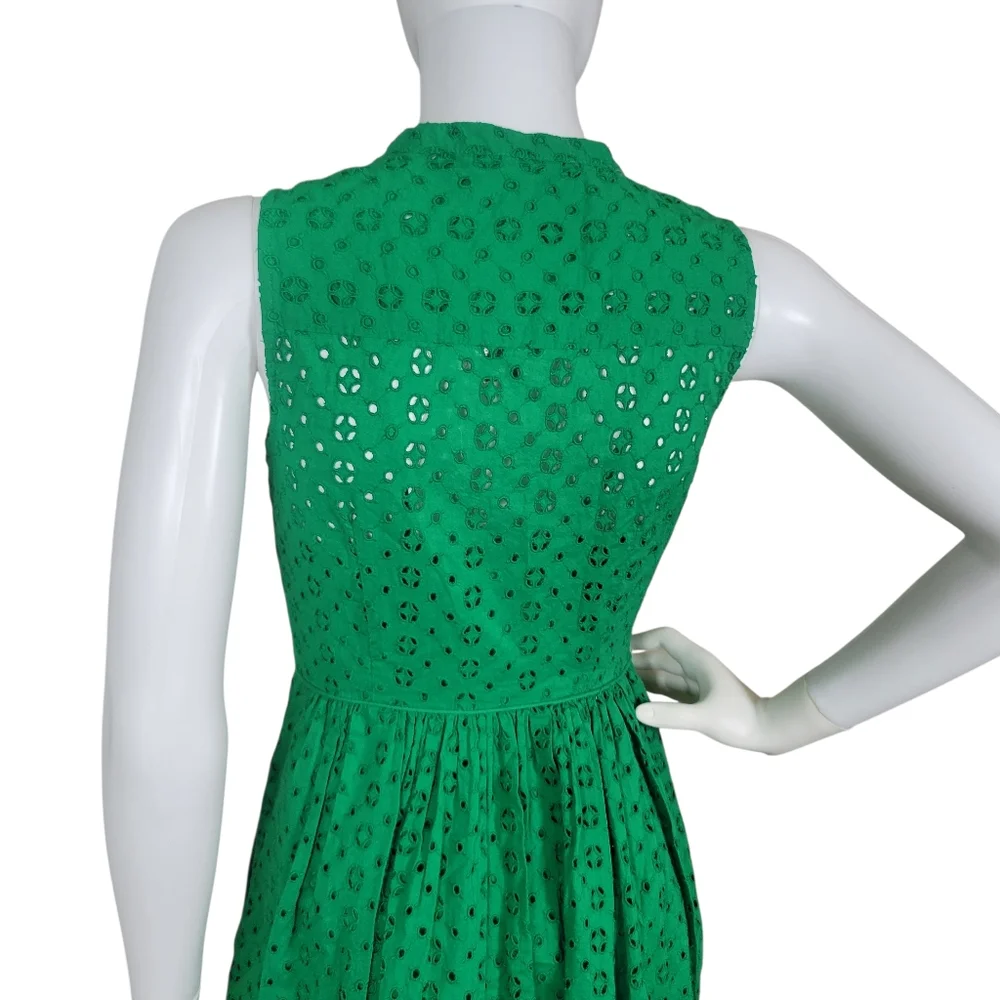 J Crew Eyelet Dress Womens 00 Kelly Green Sleeveless Button Front Clover‎ Preppy